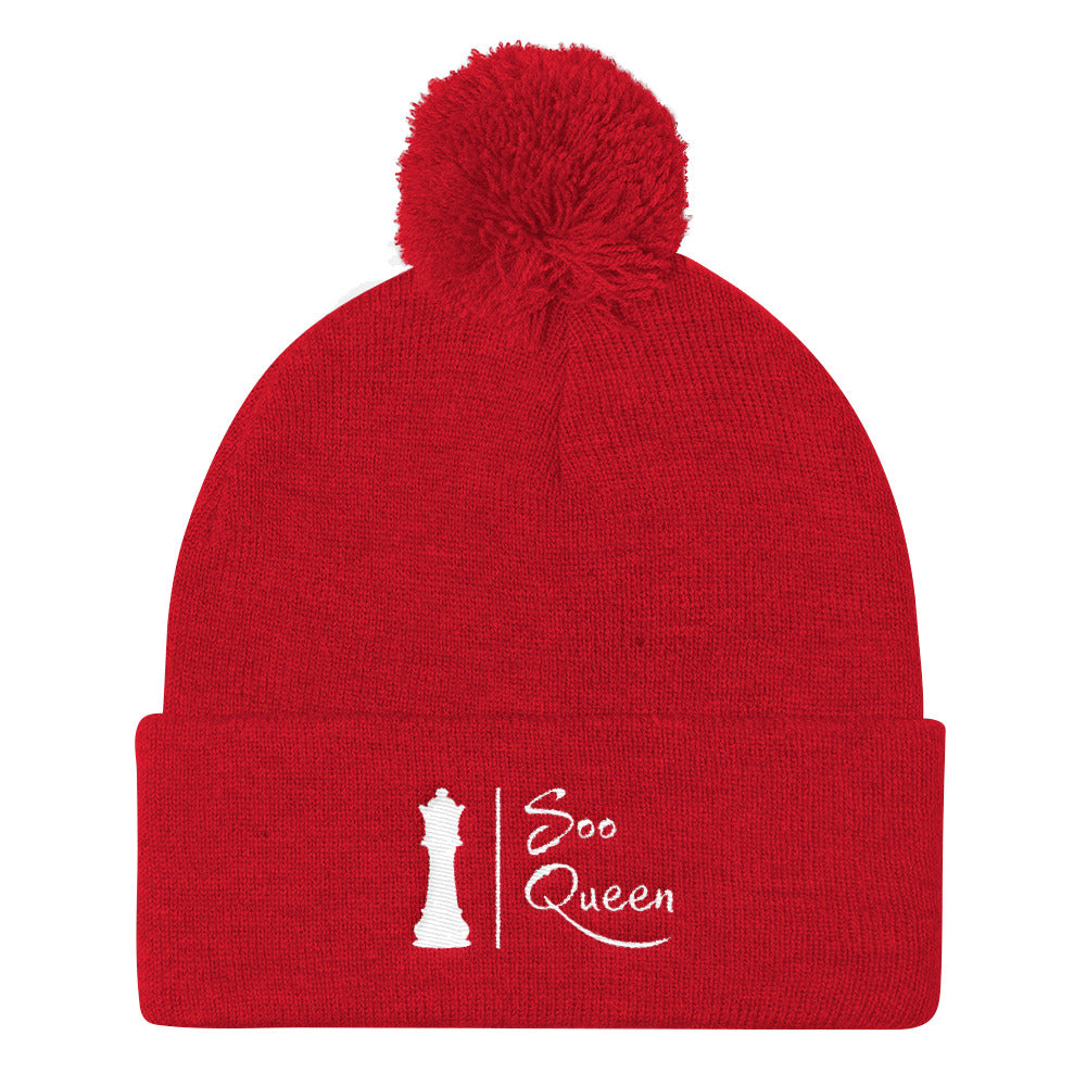 Red/White Soo Queen Pom Pom Knit Cap